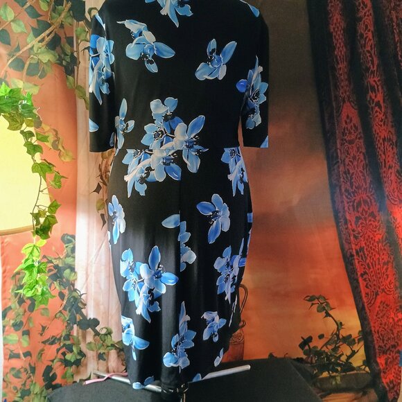 EUC: Connected Apparel Dress Sze 16 Black & Blue Floral Midi Dress - Picture 2 of 6